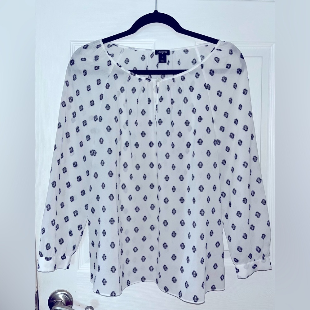 J. Crew Black Patterned White Sheer Long Sleeve Blouse
